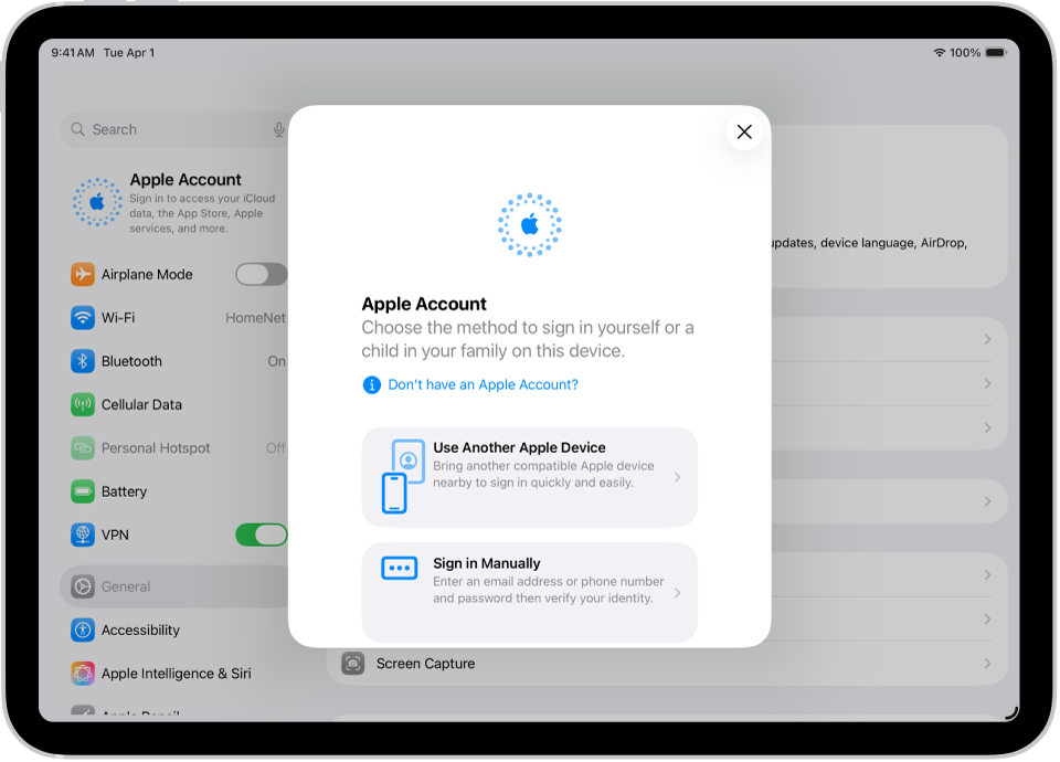 The Settings screen, with the Apple Account sign-in dialog in the middle of the screen.