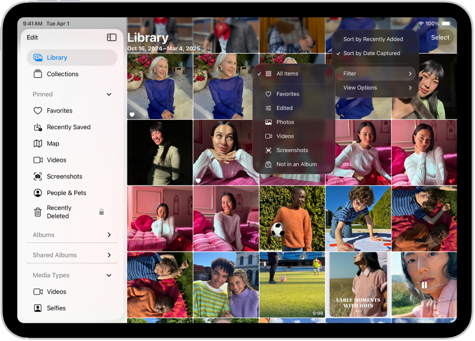 The Photos app is in open and the Library tab is selected in the sidebar. The Sort and Filter button at the top of the screen is selected, showing Sort and Filter options for viewing the library contents.