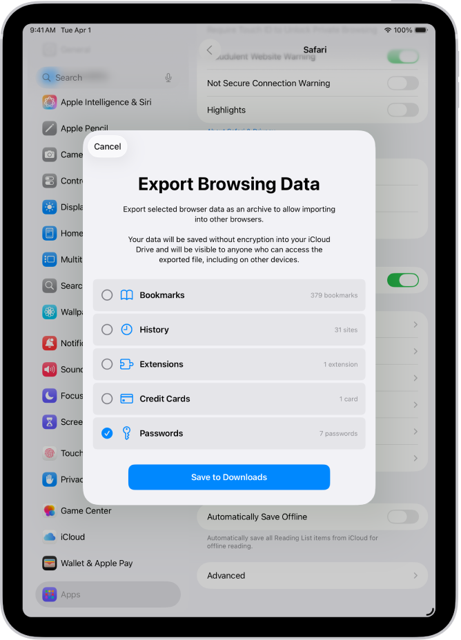 The Export Browsing Data screen, with the Passwords option selected for export to another password manager.