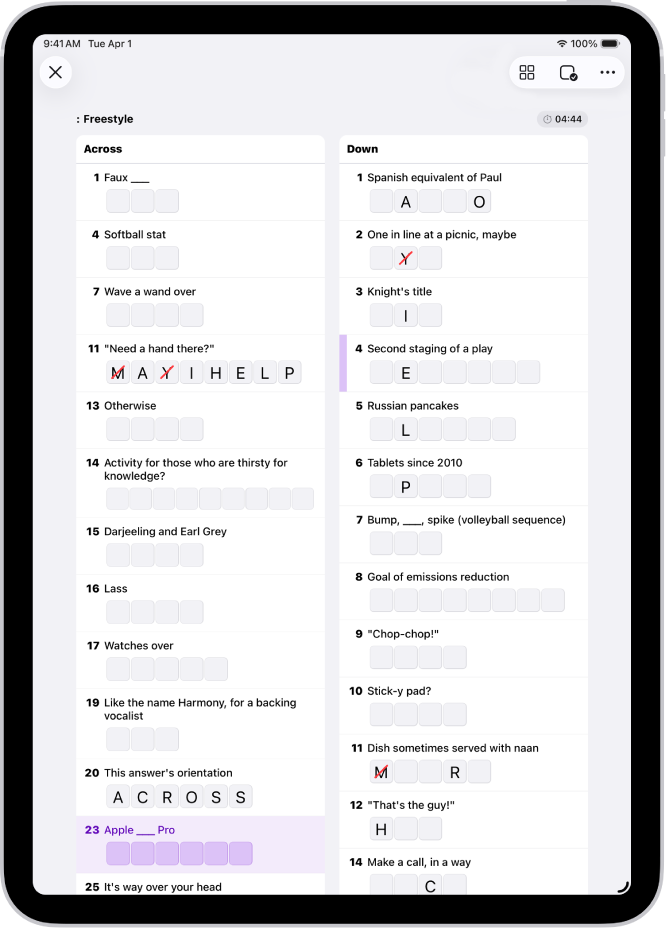 A partially filled crossword puzzle in list view.