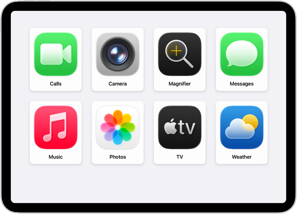 An iPad showing the Assistive Access Home Screen with a large grid of apps.
