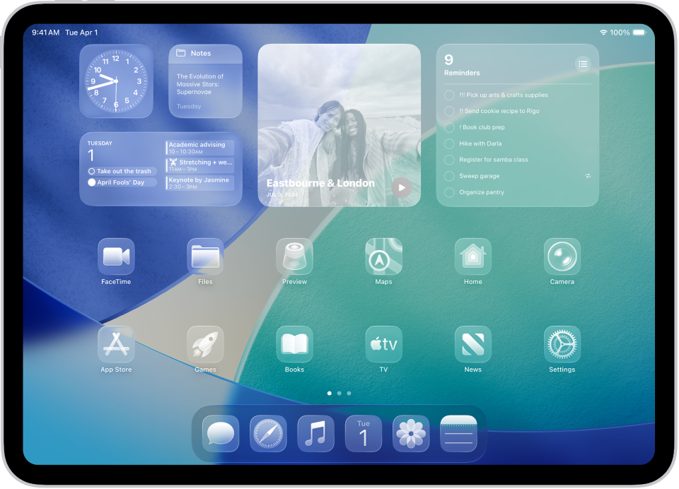 A customized iPad Home Screen with widgets.