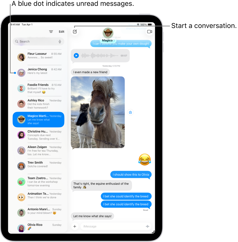 A Messages conversation list on the left and a conversation transcript on the right. An unread messages is marked with a blue dot.