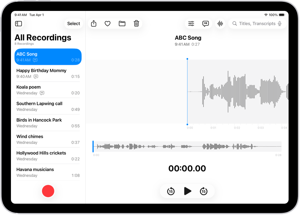 A recording made in Voice Memos. The list of recordings is on the left, with a selected recording at the top. On the right, the waveform has a playhead, which you can drag to go to a specific place in the recording. Above the waveform are the Share, Favorite, Move, Delete, Playback Options, Transcription, and Edit buttons. Below the timeline are the Playback controls.