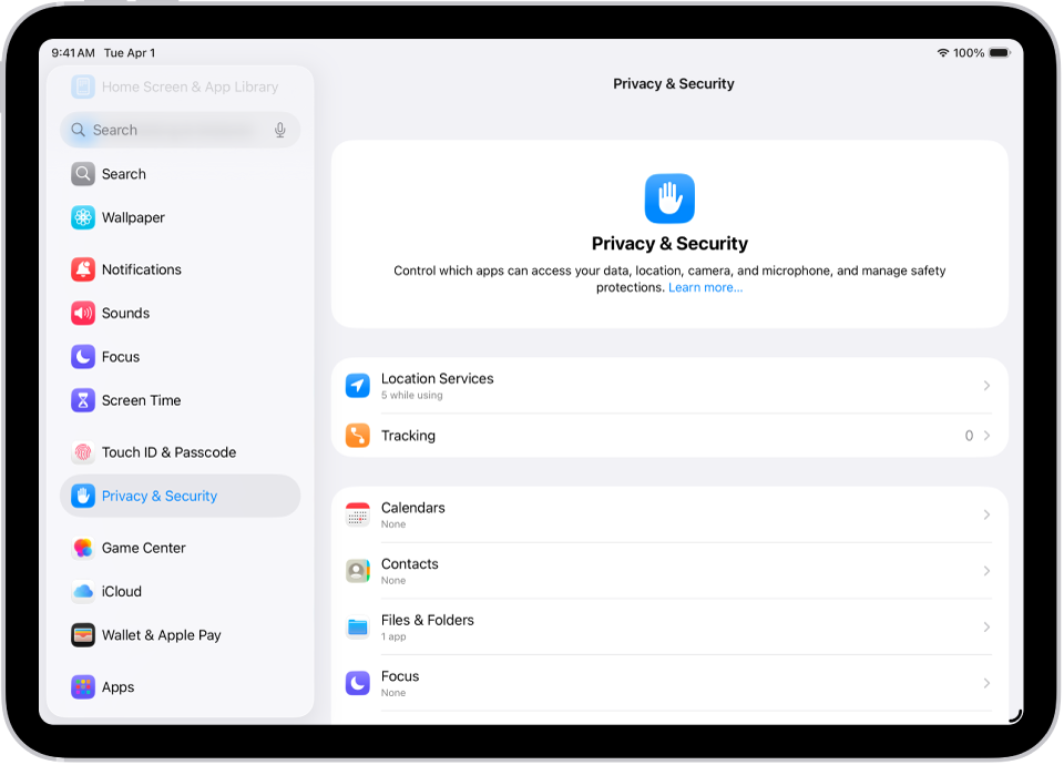 A Settings screen showing Privacy & Security options such as Location Services and Tracking.