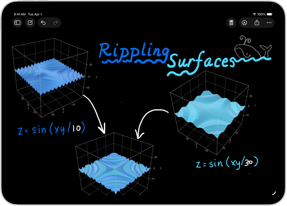 Math Notes in Calculator on iPad showing two 3-variable equations and their corresponding 3D graphs, then a third graph with the two graphs combined.