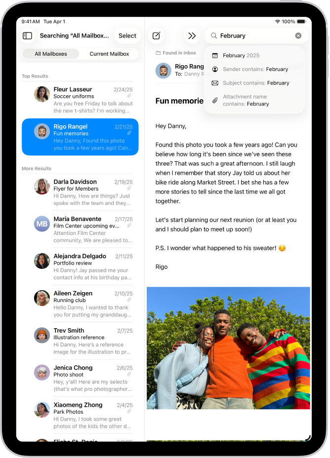 A message is open in the Mail app, and search terms are being typed in the top right.