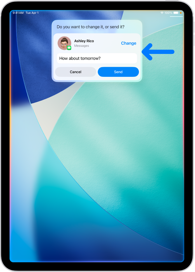 An iPad showing a response from Siri at the top of the screen in the form of a text message ready to be sent.