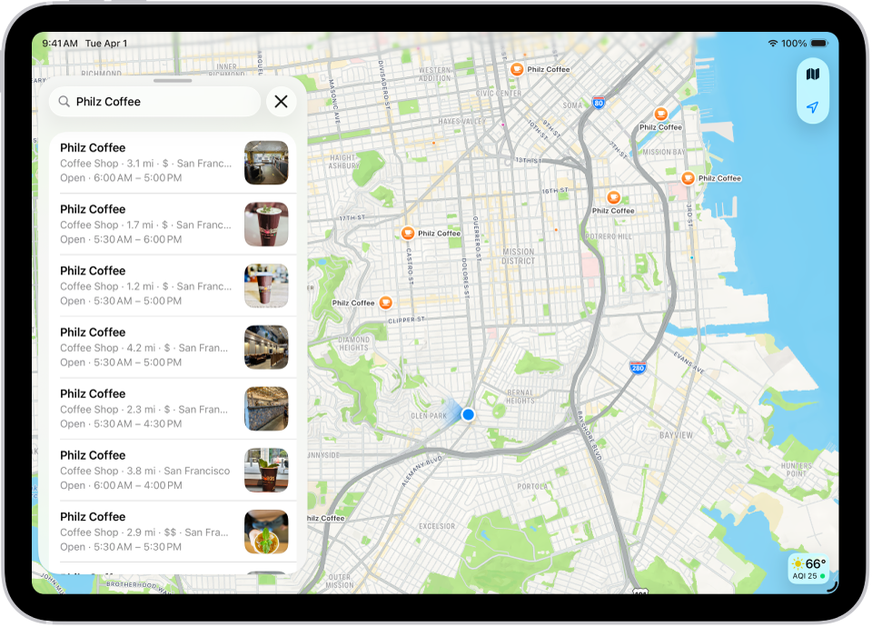 The Maps app showing a map of an area. The search field is in the top left, with results from a search query listed below.