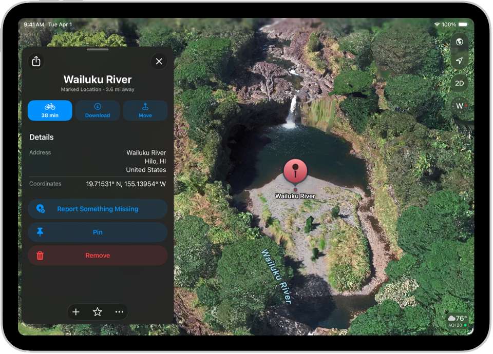 The Maps app showing a marked location in a map of a park. Buttons to get directions to the location, download its surrounding area, or move it appear near the top left.