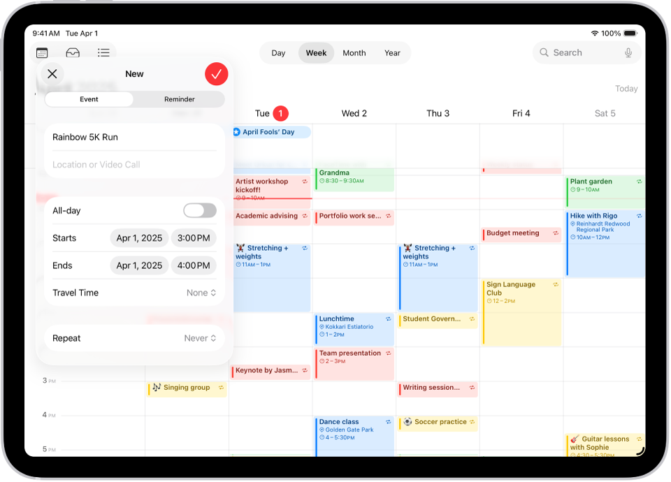 A calendar in Week view showing the create event window.