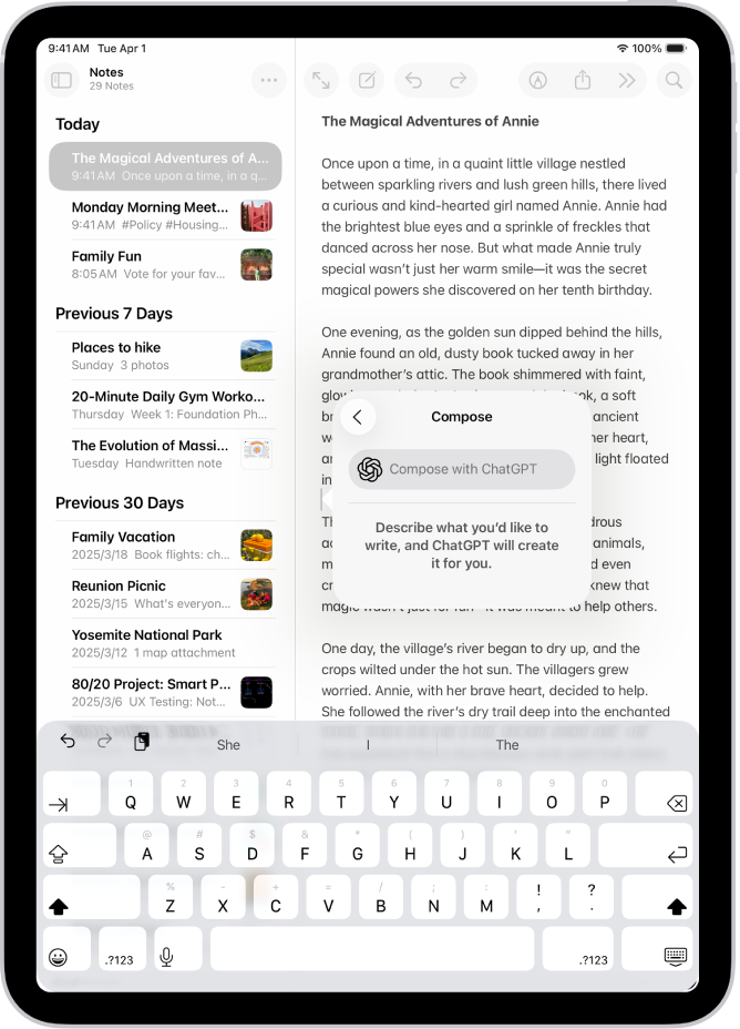 An iPad showing a story being written in the Notes app. At the right of the screen is the Compose with Writing Tools dialog that includes options to describe a change, choose ChatGPT suggestions, and more.