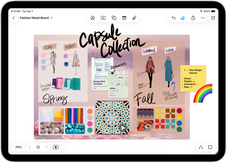 An iPad with the Freeform app open. The board includes handwriting, text, drawings, shapes, sticky notes, links, and other files.