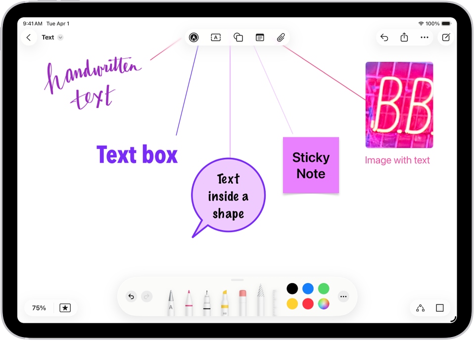 A new Freeform board with text in a drawing, text box, shape, sticky note, and image, corresponding to the buttons at the top of the screen.