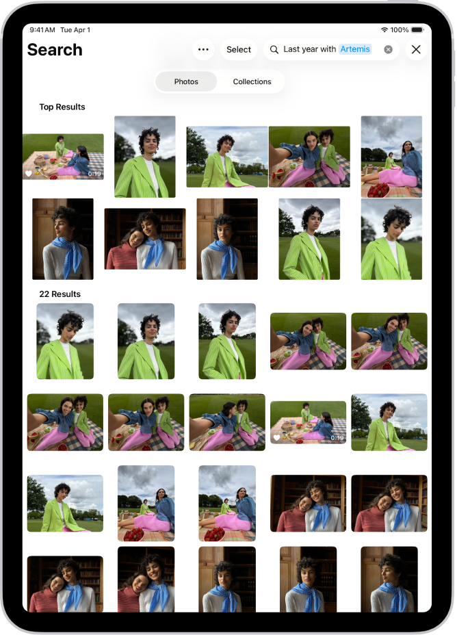 An iPad showing photos in the Photos app. A search bar with a description appears at the top right of the screen.