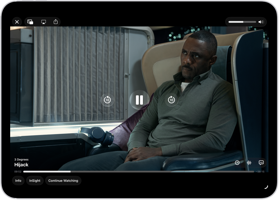 A TV show playing, with controls visible. The Close, Picture in Picture, AirPlay, and Share buttons are at the top left. The volume slider is at the top right. At the center are buttons to skip 10 seconds backward, pause, and skip 10 seconds forward. Across the bottom center is a slider that you can drag to adjust the video position; the elapsed time and time remaining appear on either side of the slider. At the bottom right are the Info, InSight, and Continue Watching buttons.
