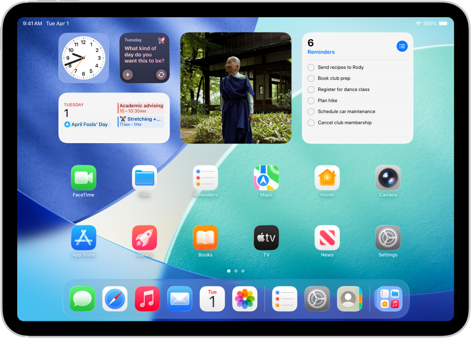 The Home Screen with the Dock showing seven favorite apps on the left and three suggested apps on the right. The rightmost icon in the Dock opens App Library.