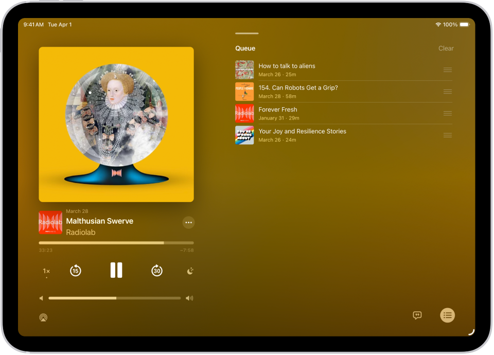 The full-screen player in the Podcasts app, showing the podcast artwork, the episode title, the playback controls, and the volume slider. At the right of the screen is a list of episodes in the queue. At the bottom of the screen is the AirPlay icon, the View Transcript icon, and the Playing Next button.