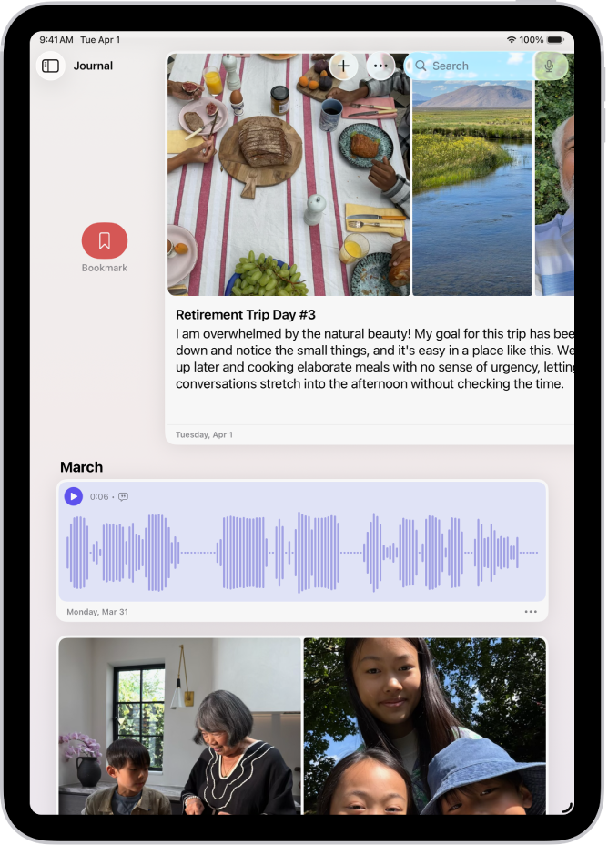 A screen in the Journal app showing journal entries. One entry is swiped right and shows the Bookmark button.