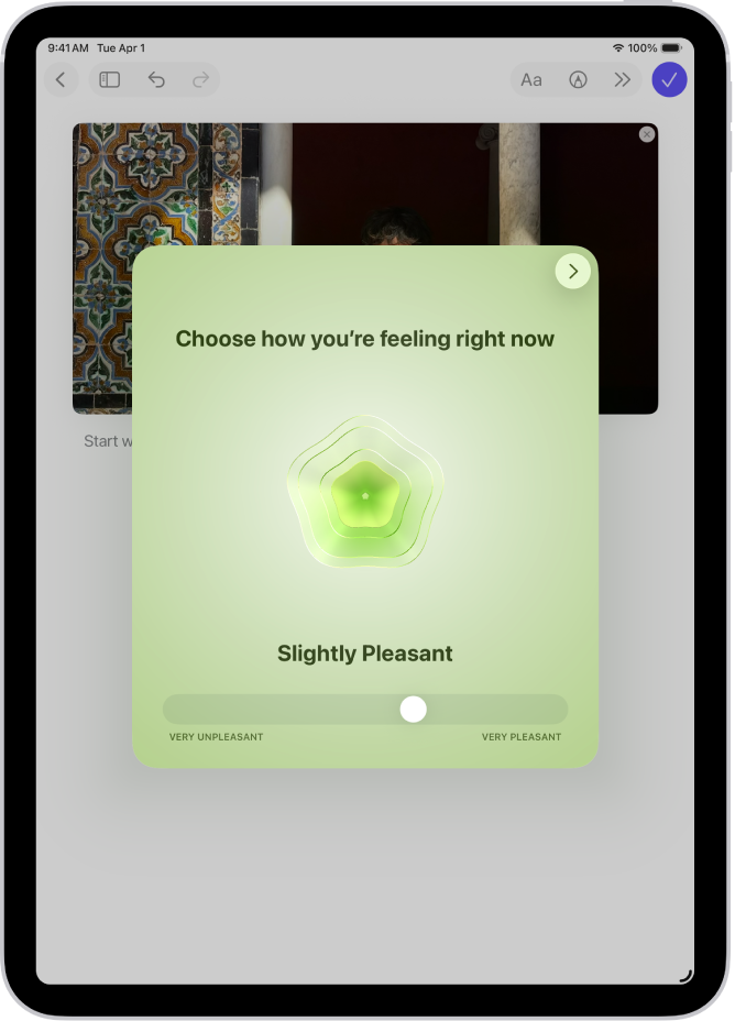 A screen in the Journal app showing a tile where you can log your state of mind.