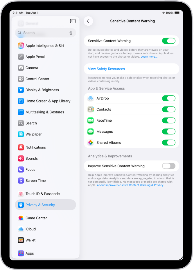 The settings for Sensitive Content Warning, with a button labeled View Safety Resources and a button labeled Improve Sensitive Content Warning for sharing analytics and usage data with Apple.