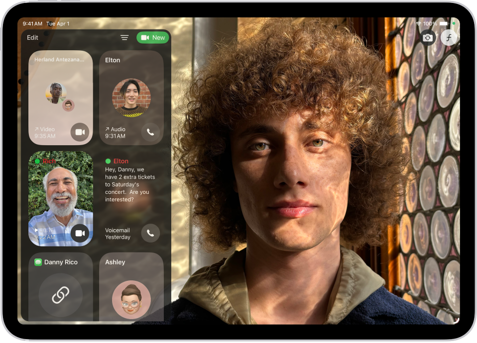The FaceTime call history, showing a Group FaceTime call, an audio call, a video message, an audio message, and a link to a FaceTime call.