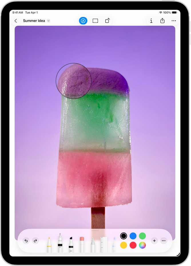 An image open in the Preview app. A menu shows options that can be added to it, such as stickers and text. The Markup, Info, Share, and More buttons appear at the top of the screen, and annotation tools appear at the bottom of the screen.