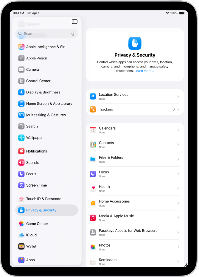 Location Services settings in Privacy & Security settings, with options for sharing the location of your iPad, including custom settings for individual apps.