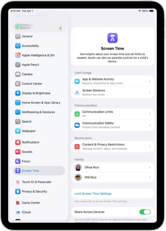 The screen for setting up Screen Time, showing that you tap App & Website Activity to get started.
