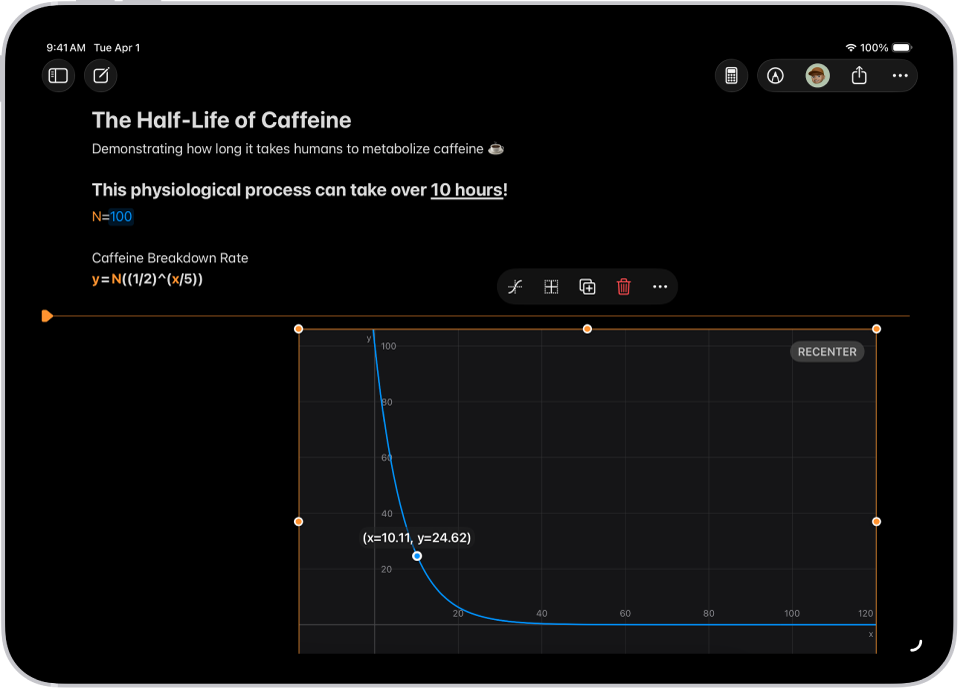 Math Notes in Calculator on iPad showing declared variables, an equation, and a graph.