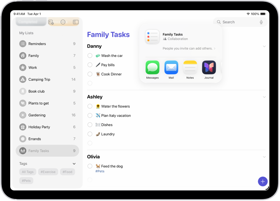 The Reminders app, showing a grocery list with options for sharing on the right.