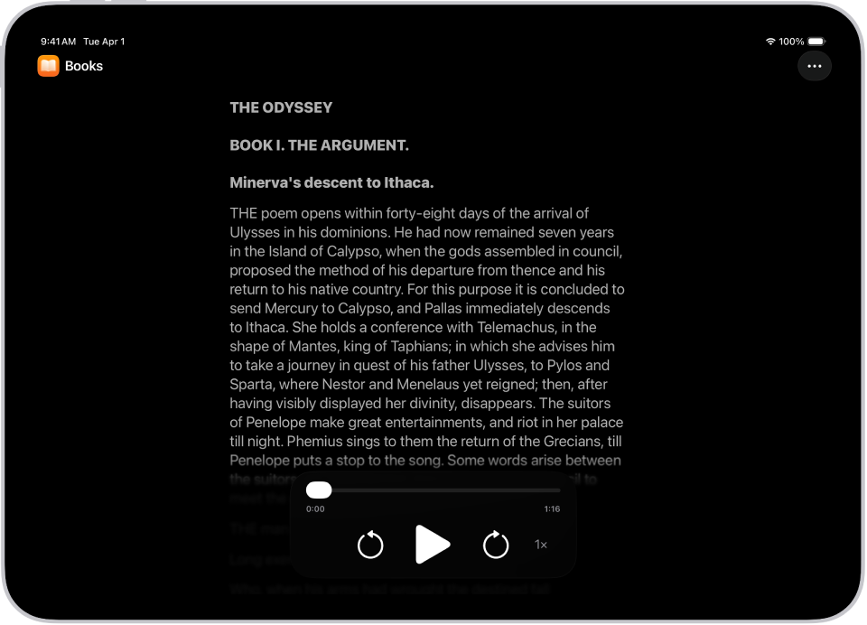 The Accessibility Reader screen showing text from Files displayed in large text on a black background.