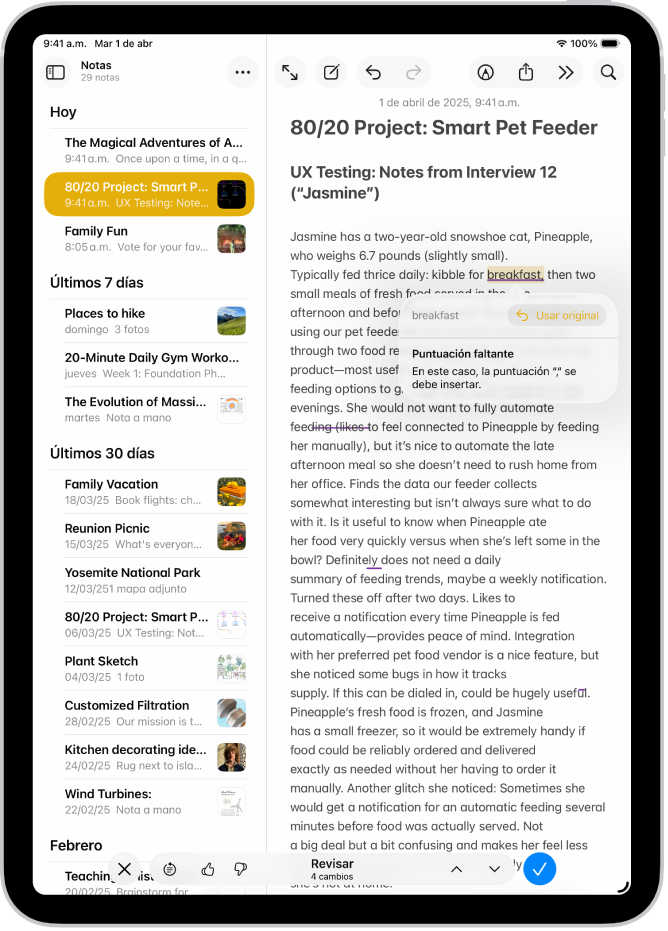 Un iPad mostrando un texto que se está editando para corregir errores gramaticales en la app Notas.