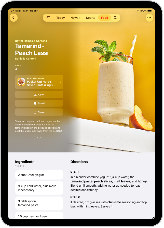 Una receta en Apple News+ con los ingredientes y los pasos visibles.