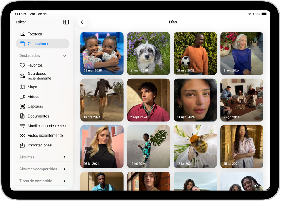 La colección Días está abierta en la app Fotos y muestra las colecciones de fotos de cada día organizadas en una cuadrícula.