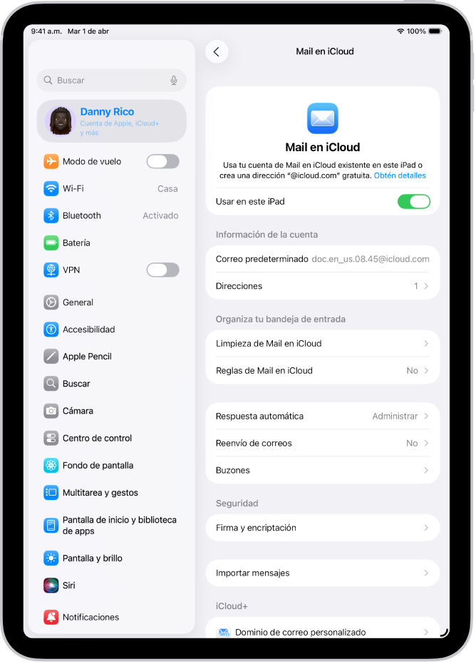 La app Configuración está abierta en la sección Mail en iCloud. En la parte inferior del menú está la opción Dominio de correo personalizado.