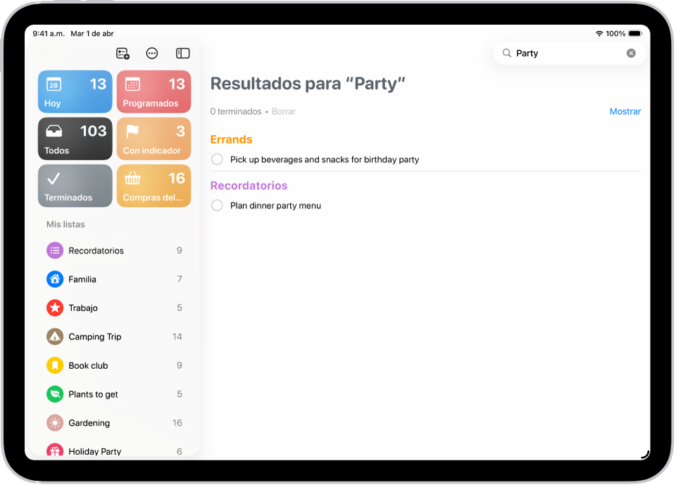 Resultados de búsqueda en la app Recordatorios que muestran tareas que incluyen la palabra “fiesta”.