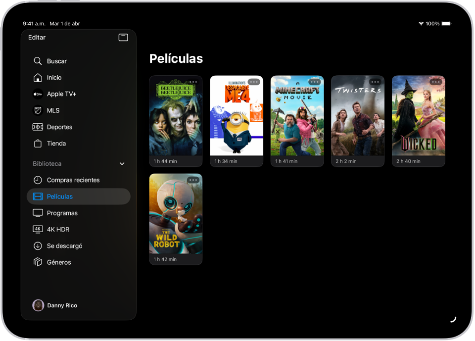 Un iPad mostrando una lista de películas en la sección Películas de la pestaña Biblioteca.