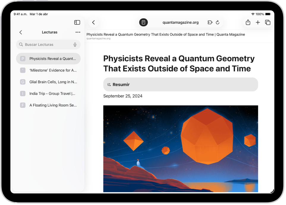 En la app Safari, la lista de lectura está abierta en la barra lateral de la izquierda y muestra una lista de sitios web guardados en la lista de lectura. A la derecha aparece un artículo sobre física.