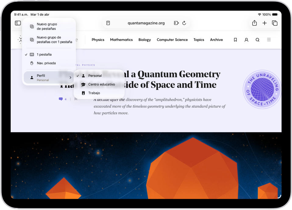En la app Safari, el menú Grupo de pestañas está abierto. En la parte inferior del menú, la opción Perfil está seleccionada y un menú muestra las opciones Personal, Escuela y Trabajo.