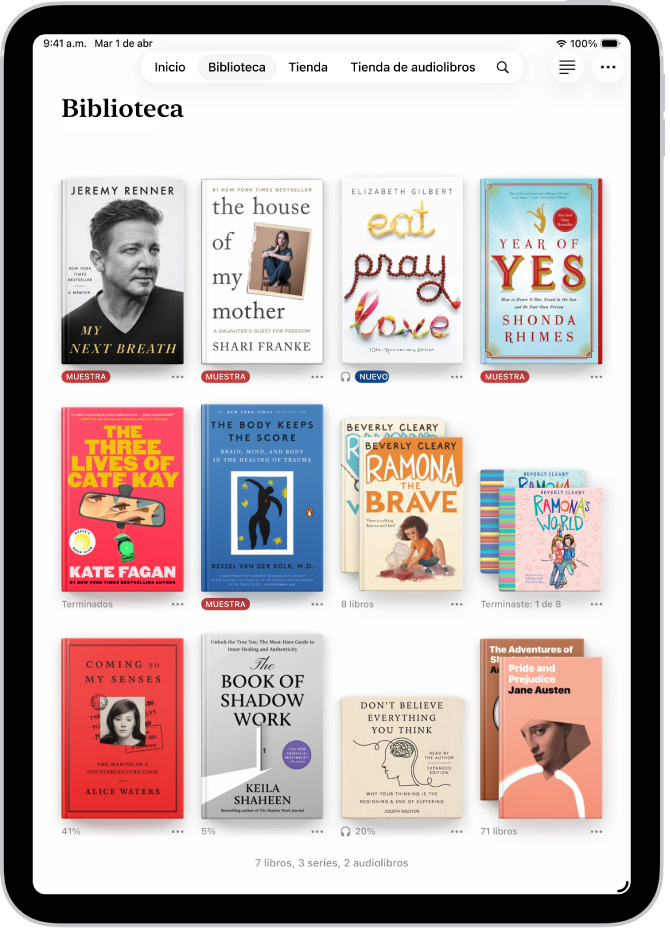 La pantalla Biblioteca de la app Libros.