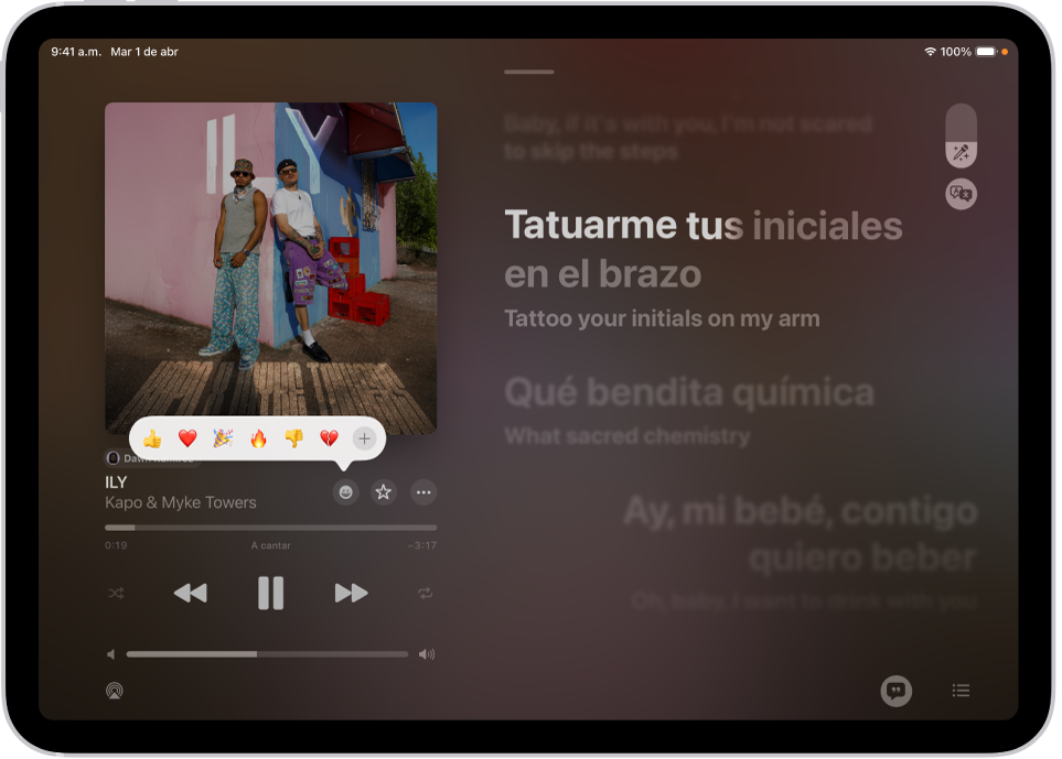 La pantalla Ahora suena con el botón Reacción mostrando varios emojis y el botón Agregar en el que puedes hacer clic para encontrar más emojis.