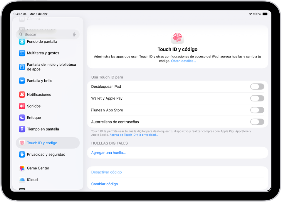 Una pantalla muestra el panel de configuración Touch ID y código con opciones para agregar una huella y activar el código.