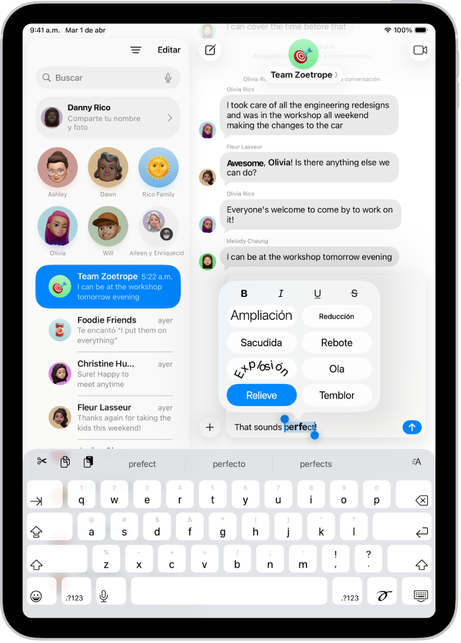 Una conversación de la app Mensajes con una palabra seleccionada en el campo de texto; arriba se muestran opciones de formato y efectos. El texto seleccionado aparece con una vista previa del efecto.