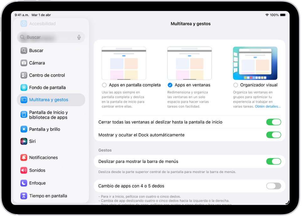 Una ventana en el iPad mostrando opciones de multitarea y gestos.