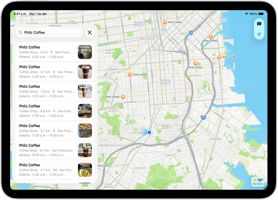 La app Mapas muestra un mapa de un área descargada. A la izquierda está el campo de búsqueda, las categorías de los servicios próximos, las guías de la ciudad y guías recomendadas.