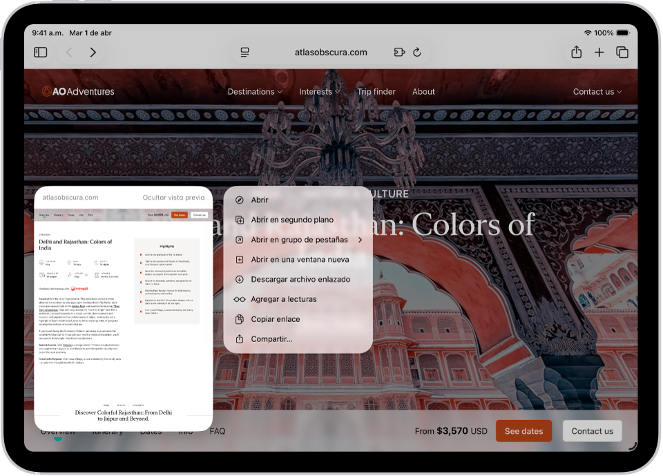 Vista previa de un sitio web. A la derecha de la vista previa hay un menú que muestra opciones, como Abrir, Abrir en segundo plano o Abrir en nueva ventana, entre otras.