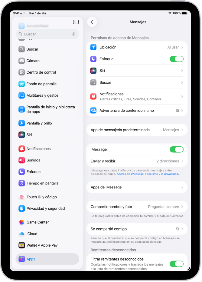 El panel de configuración de Mensajes con la opción iMessage activada.