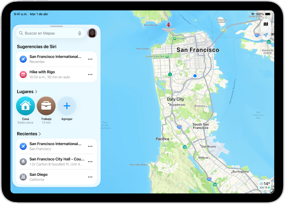 La app Mapas con un mapa de un área. El campo de búsqueda se encuentra en la parte superior izquierda y, debajo, aparecen las sugerencias de Siri, los lugares destacados en Lugares y las búsquedas recientes.