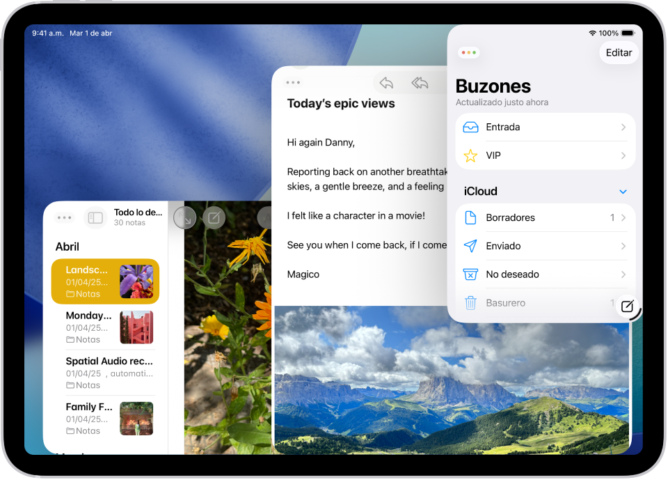 Una pantalla que muestra el trabajo en curso en dos apps, Notas y Mail, en tres ventanas.